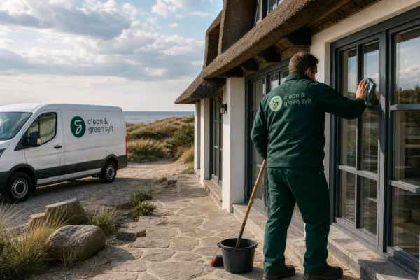 Arbeiter von Clean & Green reinigt ein frisch renoviertes Haus mit Reetdach auf Sylt.