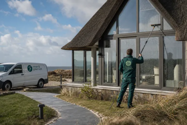 Fensterreiniger auf Sylt reinigt die Glasfront eines Reetdachhauses neben einem weißen Servicewagen.
