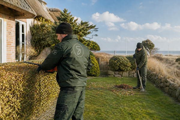 Gärtner pflegen auf Sylt eine gepflegte Küstengartenanlage mit Hecke, Rasen und Laub.