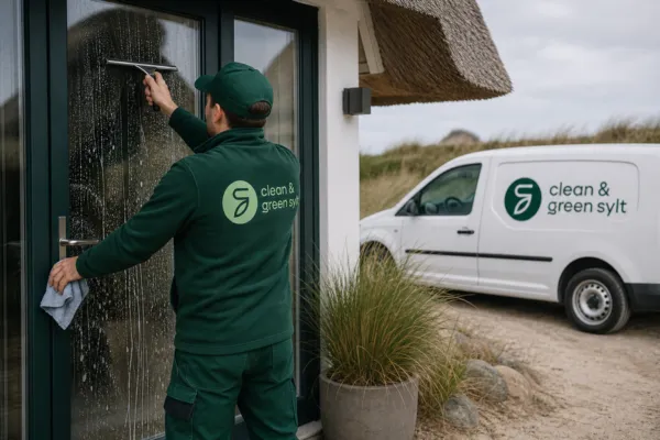 Mitarbeiter reinigt Fenster und Eingang eines Reetdachhauses auf Sylt.