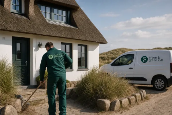 Hausbetreuer in grüner Arbeitskleidung kontrolliert ein Ferienhaus mit Reetdach auf Sylt.