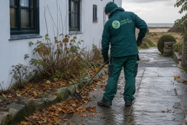 Arbeiterin entfernt nasse Blätter von einem Gartenweg neben einem Haus auf Sylt.