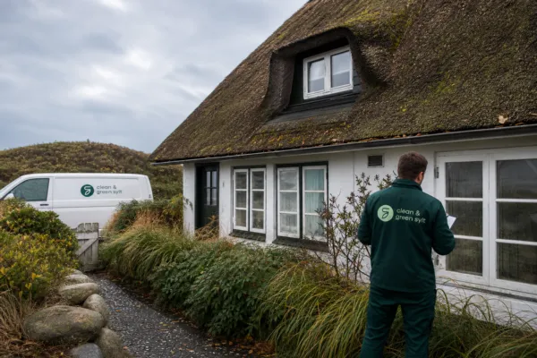 Clean-&-Green-Mitarbeiter prüft ein leerstehendes Reetdachhaus mit herbstlichem Garten auf Sylt.