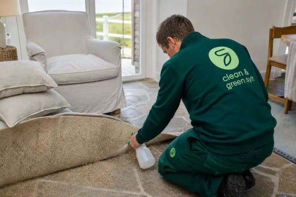 Mitarbeiter reinigt im Innenraum Teppich, Polster und Steinboden auf Sylt.