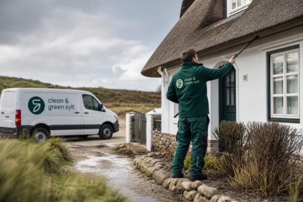 Clean & Green Mitarbeiter prüft ein Reetdach und den Eingangsbereich eines Hauses auf Sylt.
