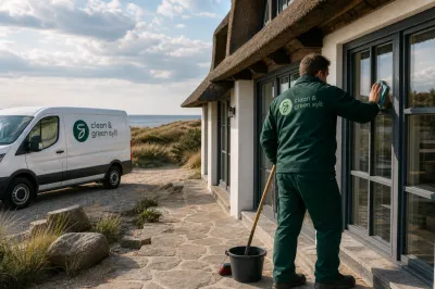 Arbeiter von Clean & Green reinigt ein frisch renoviertes Haus mit Reetdach auf Sylt.