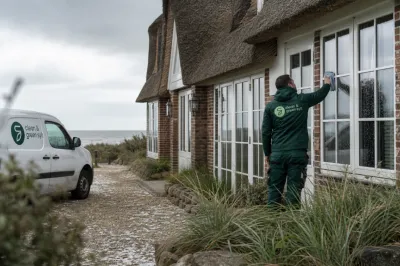 Ein Clean-&-Green-Mitarbeiter reinigt die Fenster eines Reetdachhauses auf Sylt.