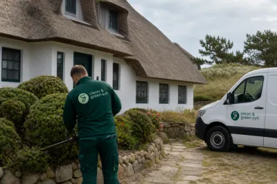 Clean-&-Green-Mitarbeiter pflegt Garten und Haus mit Reetdach auf Sylt neben einem Servicewagen.